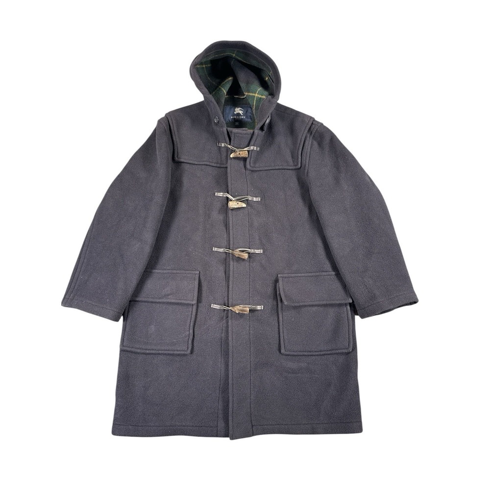 Burberry Coat Mens Medium Black Wool Duffle Pea Hooded Jacket England Plaid Line